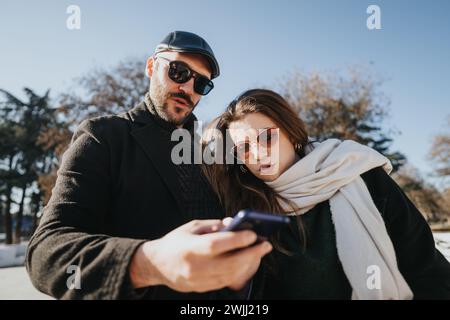 Geschäftskollegen halten einen Moment zusammen mit einem Selfie fest. Elegant gekleidet genießen sie eine Pause an einem sonnigen Wintertag in einer urbanen Umgebung. Stockfoto