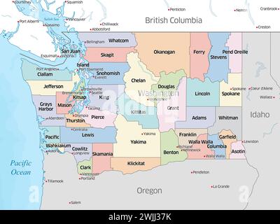 Farbenfrohe politische Karte, die die Countys des US-Bundesstaates Washington zeigt. Stockfoto
