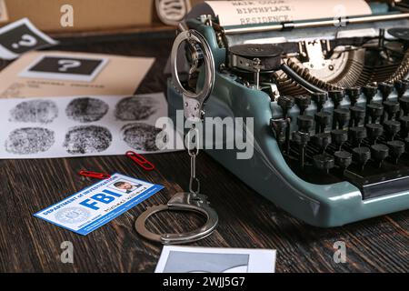 Retro-Schreibmaschine, kriminelle Akten, Handschellen und Dokument des FBI-Agenten auf Holztisch, Großaufnahme Stockfoto