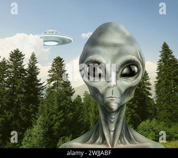 Alien und fliegende Untertasse im Wald. UFO, außerirdische Besucher Stockfoto