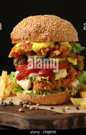 Leckerer Burger mit knusprigem Hähnchenpastete und Pommes Frites auf dem Tisch, Nahaufnahme Stockfoto