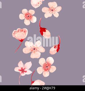 Eine Kollektion rosafarbener Blüten vor leuchtendem lila Hintergrund Stockfoto