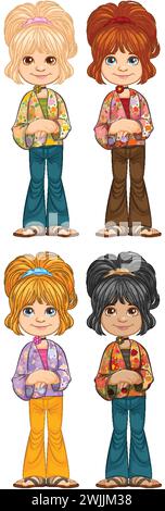 Vier Zeichentrickkinder mit verschiedenen Frisuren und Kleidung. Stock Vektor