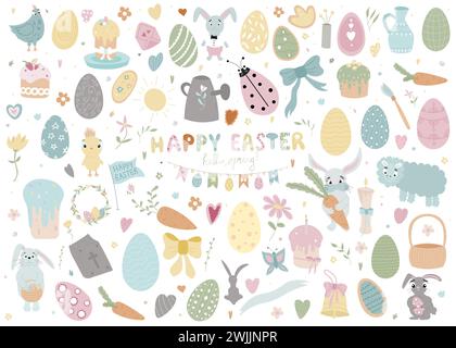 Frohe Ostern Set. Osterhase, Schmetterlinge, Küken, Eier, Zweige und Blumen. Vektorillustration isoliert auf weißem Hintergrund Stock Vektor