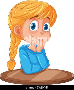 Cartoon eines nachdenklichen Mädchens mit blauem Pullover, geflochtenen Haaren. Stock Vektor