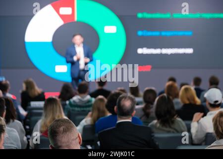 Unscharfes Publikum, das aufmerksam einem Sprecher zuhörte, der eine Präsentation mit einem farbenfrohen Tortendiagramm auf dem Bildschirm hielt. Stockfoto