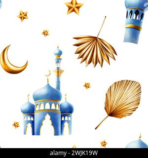 Nahtloses Aquarellmuster mit islamischer Moschee und Minarett, goldenem Pampasgras, Dattelpalmenzweig, Mond- und Sternen-Illustrationen im Hintergrund Stockfoto