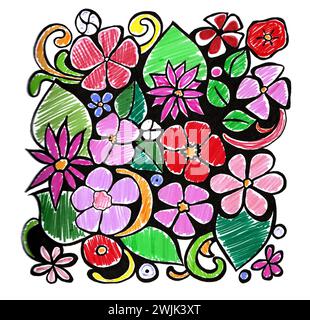 Illustration verschiedener Blumen und Blätter. Verschiedene Formen, Größen, Farben. Schwarze Kontur. Alle Elemente sind mit chaotischen Strichen gefüllt. Weiße Rückseite Stockfoto