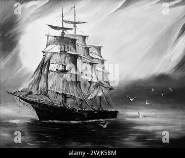 Schwarzweiß-Fotografie Schwarz-weiß Original Ölgemälde Segelboot Barque Glück Stockfoto