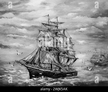 Schwarzweiß-Fotografie Schwarz-weiß Original Ölgemälde Segelboot Barque Glück Stockfoto