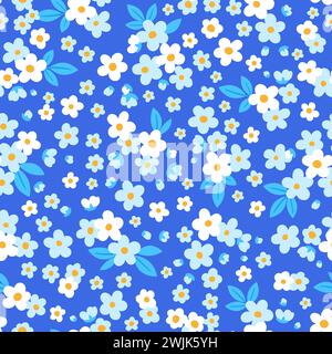 Handgezeichnetes Doodle-Muster. Nahtloses Muster von kleinen weißen und blauen zarten Blumen auf dunkelblauem Hintergrund Stock Vektor