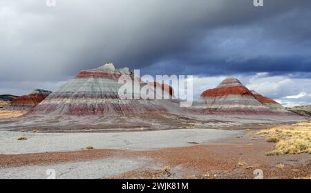 Die farbenfrohen Schlammstein-Tipi-Felsformationen an einem stürmischen Wintertag im versteinerten Wald-Nationalpark, arizona Stockfoto