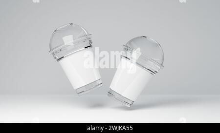 Transparente Fast Food Soda, Drink, Iced Drink, Slush, Shake oder Cola Tasse mit konvexem Deckel. 3D-Rendering isoliert auf weißem Hintergrund Stockfoto