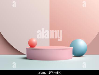 Produktpräsentationen abstrakter Hintergrund mit einem minimalen 3D-Podium, das mit mehrfarbigen blauen und rosa Pastellkugeln in geometrischen Formen verziert ist. Stock Vektor