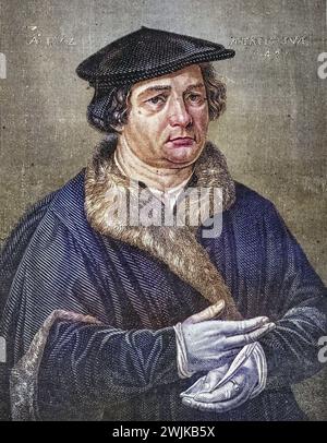 Martin Luther (geb. 10. November 1483 in Eisleben; Std. 18. Februar 1546 ebenda) war ein deutscher Augustinermönch und Theologieprofessor, der zum Urheber der Reformation war, Historisch, digital restaurierte Reproduktion von einer Vorlage aus dem 19. Jahrhundert, Datum nicht angegeben Stockfoto