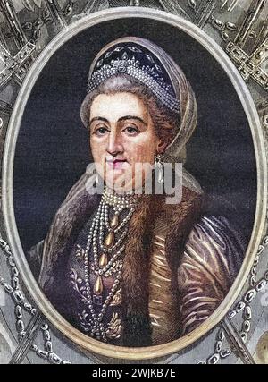 Katharina II., genannt Katharina die große (geb. 2. Mai 1729 als Sophie Auguste Friederike von Anhalt-Zerbst in Stettin; str. 17. November 1796 in Sankt Petersburg), war ab dem 9. Juli 1762 Kaiserin von Russland und ab 1793 Herrin von Jever, Historisch, digital restaurierte Reproduktion von einer Vorlage aus dem 19. Jahrhundert, Datum nicht angegeben Stockfoto