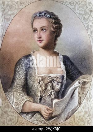 Jeanne-Antoinette Poisson, Dame Le Normant d’etiolles, Marquise (Markgräfin) de Pompadour, herzogin de Menars (geb. 29. Dezember 1721 in Paris; Std. 15. April 1764 in Versailles), kurz Madame de Pompadour, war eine Mätresse des französischen Königs Ludwig XV. , Historisch, digital restaurierte Reproduktion von einer Vorlage aus dem 19. Jahrhundert, Datum nicht angegeben Stockfoto