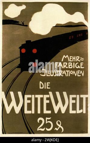 „Mehr farbige Illustrationen die weite Welt 25 ₰“ [EN: „Mehr bunte Illustrationen. The Wide World 25 Pfennig'] Vintage German Advertising, 1900. Das Poster zeigt eine dunkle Silhouette eines Zuges vor einer Nachtlandschaft mit geschwollenen weißen Wolken. Der grafische Stil erinnert mit seinen markanten Konturen und der Konzentration auf die Silhouette an das Jugendstil des frühen 20. Jahrhunderts. | Stockfoto