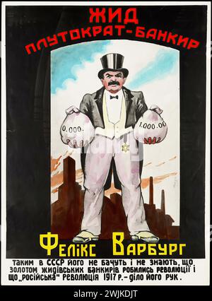 "ЖИД ПУТОКРАТ-БАНКИР ФЕЛИКС ВАРБУРГ ТАКИМ В СССР ЙОГО НЕ БАЧИТЬ І НЕ ЗНАЮТЬ, ЩО ЗОЛОТОМ ЖИДІВСЬКИХ БАНКІРІВ РОЗПЛАТА РЕВОЛЮЦІІ І ЩО, 'РОСІЙСЬКО' РЕВОЛЮЦІЇ 1917 Р. - ЦІЛО ЙОГО РУК." ['DER JÜDISCHE PLUTOKRAT-BANKER FELIX WARBURG IN DER UDSSR SIEHT UND WEISS NICHT, DASS DAS GOLD DER JÜDISCHEN BANKER DIE BEZAHLUNG DER REVOLUTION IST UND DASS, DIE 'RUSSISCHE' REVOLUTION VON 1917 - ES IST SEINE GANZE HAND.'] | deutsche Vintage-Werbung in den 1940er Jahren Das Poster zeigt eine Karikatur eines Mannes mit übertriebenen Merkmalen, der zwei Geldbeutel hält, mit einer abfälligen Botschaft an Felix Warburg und Referenzierung Stockfoto