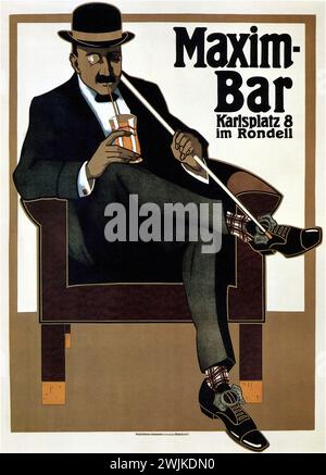 „Maxim-Bar Karlsplatz 8 im Rondell“ [EN: „Maxim-Bar Karlsplatz 8 im Kreisverkehr“] Deutsche Vintage-Werbung, 1907. Das Bild zeigt einen Mann in einem Anzug, der einen Drink mit einem Strohhalm genießt, bequem sitzend, wobei der Text die Position der Maxim-Bar angibt. Das Kunstwerk ist in einem Werbestil aus dem frühen 20. Jahrhundert mit einem Schwerpunkt auf Eleganz und Minimalismus Stockfoto