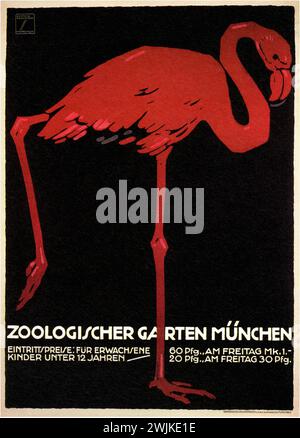 „Zoologischer Garten München“ Vintage-deutsche Werbung mit einer minimalistischen Darstellung eines Flamingos mit auffälligen Rot- und Schwarztönen vor dunklem Hintergrund, die den deutschen Plakatstil des frühen 20. Jahrhunderts oder den „Plakatstil“ mit kräftigen Farben und vereinfachten Formen veranschaulicht Stockfoto