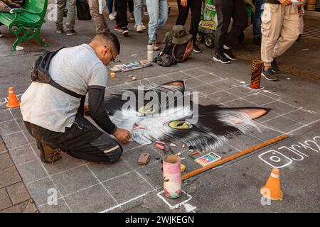 Medellin, Kolumbien - 9. Dezember 2023: Ein Straßenkünstler beim Malen einer Katze in der pulsierenden Stadt. Departement Antioquia, Kolumbien. Stockfoto