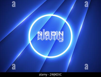 Blaue Leuchtlinie abstrakter minimaler Hintergrund, Vektor glühende gerade Linie, Neonlaser runder Ring Rahmen. Helle Wandbeleuchtung mit kreisförmiger LED-Leuchte Stock Vektor