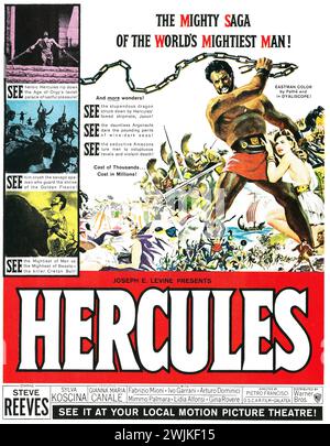 1958 Herkules italienisches Abenteuer/Schößchen/Schwert-und-Sandalen-Film mit Steve Reeves. Amerikanisches Poster. Regie führte Pietro Francisci Stockfoto