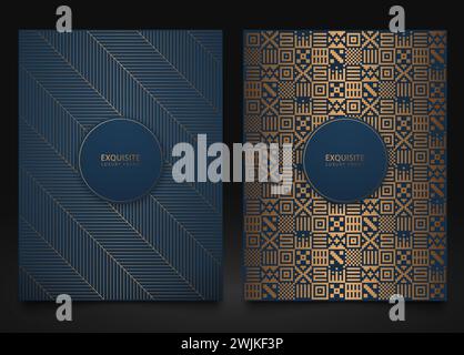 Vektor Set blaue Verpackungsschablonen mit unterschiedlicher goldener geometrischer Musterstruktur für Luxusprodukte. Rahmendesign für Logo. Ethnisches Gold abstrakt Stock Vektor