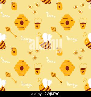 Honigmuster mit Bienen für Imker und Honigprodukte. Süßes Sommergelb-Muster mit Bienen Stock Vektor