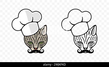 Katze in einem Kochhut mit Schnurrbart, Katze-Look, Grafikdesign. Tier und Haustier, Kätzchen oder Katzenähnliche, Futter und Mahlzeit, Vektordesign und Illustration Stock Vektor