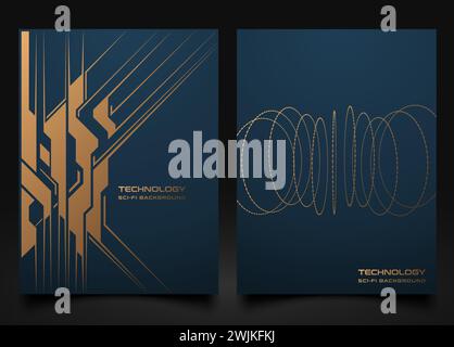 Abstrakter marineblauer Hintergrund Luxus-Tech-Cover-Set. Futuristisches Design mit goldener Umschlagschablone. Technologie-Vektordesign für soziale Medien Stock Vektor