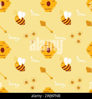 Honigmuster mit Bienen für Imker und Honigprodukte. Süßes Sommergelb-Muster mit Bienen Stock Vektor