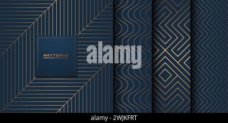 Sammlung von nahtlosen geometrische Goldene minimalistischer Patterns. Einfachen Vektor Grafik Schwarz Hintergrund drucken. Wiederholen Linie abstrakte Textur einstellen Stock Vektor