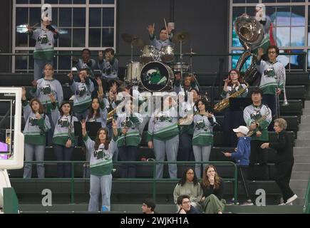 New Orleans, USA. Februar 2024. Die Tulane Green Wave Soundwave Pep Band tritt am Donnerstag, den 15. Februar 2024, während eines Basketballspiels der American Athletic Conference in der Fogleman Arena in New Orleans, Louisiana, auf. (Foto: Peter G. Forest/SIPA USA) Credit: SIPA USA/Alamy Live News Stockfoto