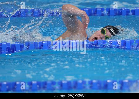 Doha, Katar. Februar 2024. Der belgische Alisee Pisane wurde am Freitag, den 16. Februar 2024, in Aktion während der 800-m-Freistil-Weltmeisterschaft der Frauen bei der Schwimmweltmeisterschaft in Doha, Katar, gezeigt. BELGA FOTO NIKOLA KRSTIC Credit: Belga Nachrichtenagentur/Alamy Live News Stockfoto