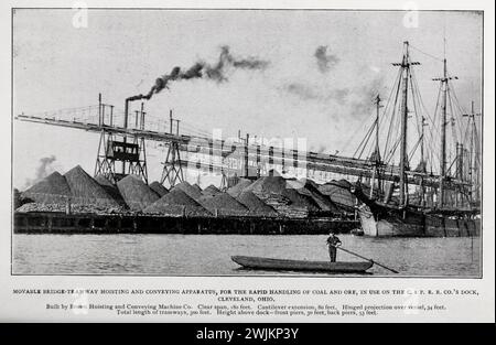 Movable Bridge Tramway Hebe- und Fördergeräte für den schnellen Transport von Kohle und Erz, in Cleveland, Ohio, aus dem Artikel MODERN WHARF IMPROVEMENT AND HARBOR FACILITIES. Von Foster Crowell. Vom Engineering Magazine gewidmet dem Industrial Progress Band XIV Oktober 1897 bis März 1898 The Engineering Magazine Co Stockfoto