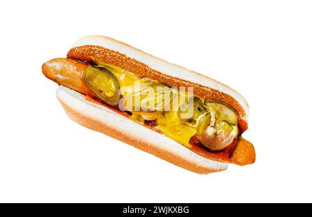 Hot Dog mit Schweinewurst isoliert auf weißem Hintergrund. Draufsicht Stockfoto