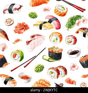 Japanisches Sushi, handgezeichnetes nahtloses Aquarellmuster, isoliert auf weißem Hintergrund Stockfoto