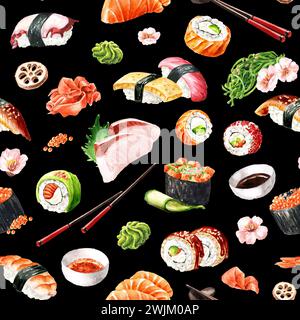 Japanisches Sushi, handgezeichnetes nahtloses Aquarellmuster Stockfoto