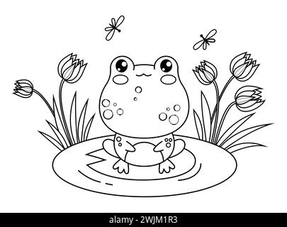 Süßer Frosch auf Blatt im Wasser mit Blumen. Tierkontur Kawaii-Charakter. Vektorabbildung. Linienzeichnung, Malbuch. Kinderkollektion Stock Vektor