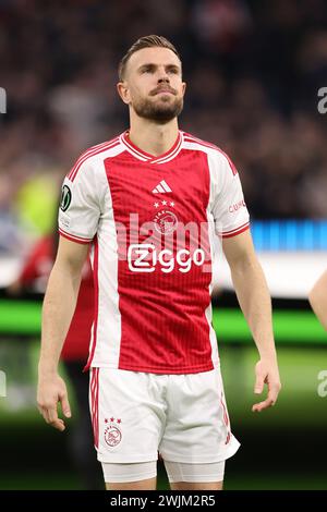 Amsterdam, Niederlande. Februar 2024. AMSTERDAM, NIEDERLANDE - 15. FEBRUAR: Jordan Henderson von AFC Ajax während des Play-offs-Spiels zwischen AFC Ajax und FK Bodo/Glimt in der Johan Cruijff Arena am 15. Februar 2024 in Amsterdam. (Foto: Ben Gal/Orange Pictures) Credit: Orange Pics BV/Alamy Live News Stockfoto