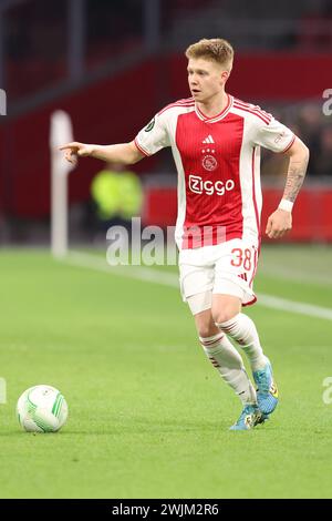 Amsterdam, Niederlande. Februar 2024. AMSTERDAM, NIEDERLANDE - 15. FEBRUAR: Kristian Hlynsson vom AFC Ajax während des Play-offs-Spiels zwischen AFC Ajax und FK Bodo/Glimt in der Johan Cruijff Arena am 15. Februar 2024 in Amsterdam. (Foto: Ben Gal/Orange Pictures) Credit: Orange Pics BV/Alamy Live News Stockfoto