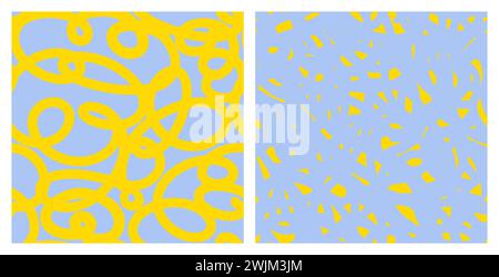 Nahtloses Muster mit abstrakten freien Curlicue-Linien in gelben und blauen Farben. Auffällige, wellenförmige Linien für die Handschrift. Abstraktes Schnörkelmuster. Naiver, verspielter Hintergrund. Kritzelzeichnung, Vektorillustration. Stock Vektor