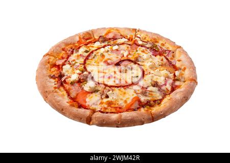 Leckere Pizza Hähnchen BBQ. Pizza mit Huhn und Barbeque-Sauce isoliert auf weißem Hintergrund Stockfoto