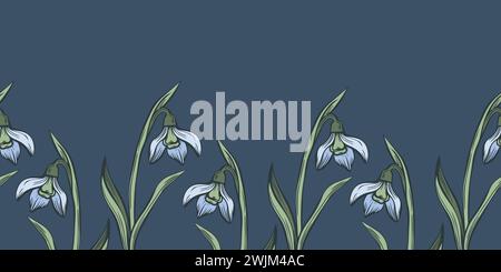Nahtloses botanisches Muster mit Schneeglöckchen. Handgezeichnete Strichkunst mit Winterblättern und Blumen für Hochzeitseinladungen und Karten, Textilprodukte, wra Stock Vektor