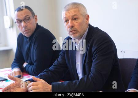 Foto Andrea Alfano/LaPresse 16 Febbraio 2024, Turin, Italia - Cronaca - Turin, Stellantis: Conferenza stampa segretario nazionale FIM-Cisl, Ferdinando Uliano per Fare il punto su Mirafiori - Nella foto: UN momento della conferenza stampa. 16. Februar 2024, Turin, Italien - Nachrichten - Turin, Stellantis: Pressekonferenz von Ferdinando Uliano Generalsekretär von FIM-Cisl, Bericht über Mirafiori - im Bild: Ein Moment der Veranstaltung. Quelle: LaPresse/Alamy Live News Stockfoto