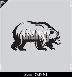 Schwarzbär Grizzly, Silhouette, Seitenansicht, nach oben schauen, Schablone, flacher Vektor, weißer Hintergrund. Game Sport-Logo. Stock Vektor