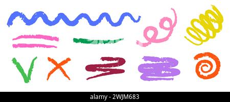 Handgezeichnete mehrfarbige Kohlelinien und Set mit Squiggle. Vektorwellenlinie, Häkchen, Wirbel und Schlieren, isoliert auf weiß. Naive Doodle Sketchy Lines Pack. Kindliches, Doodle-freies Zeichnen. Stock Vektor