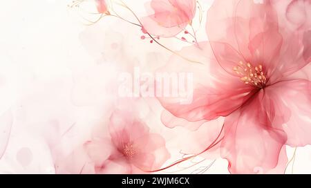Aquarellkunsthintergrund mit rosa Magnolienblüten. Handgemalter floraler Hintergrund. Luxuriöses Design im minimalen Stil. Horizontale Banner-Vorlage mit Stockfoto